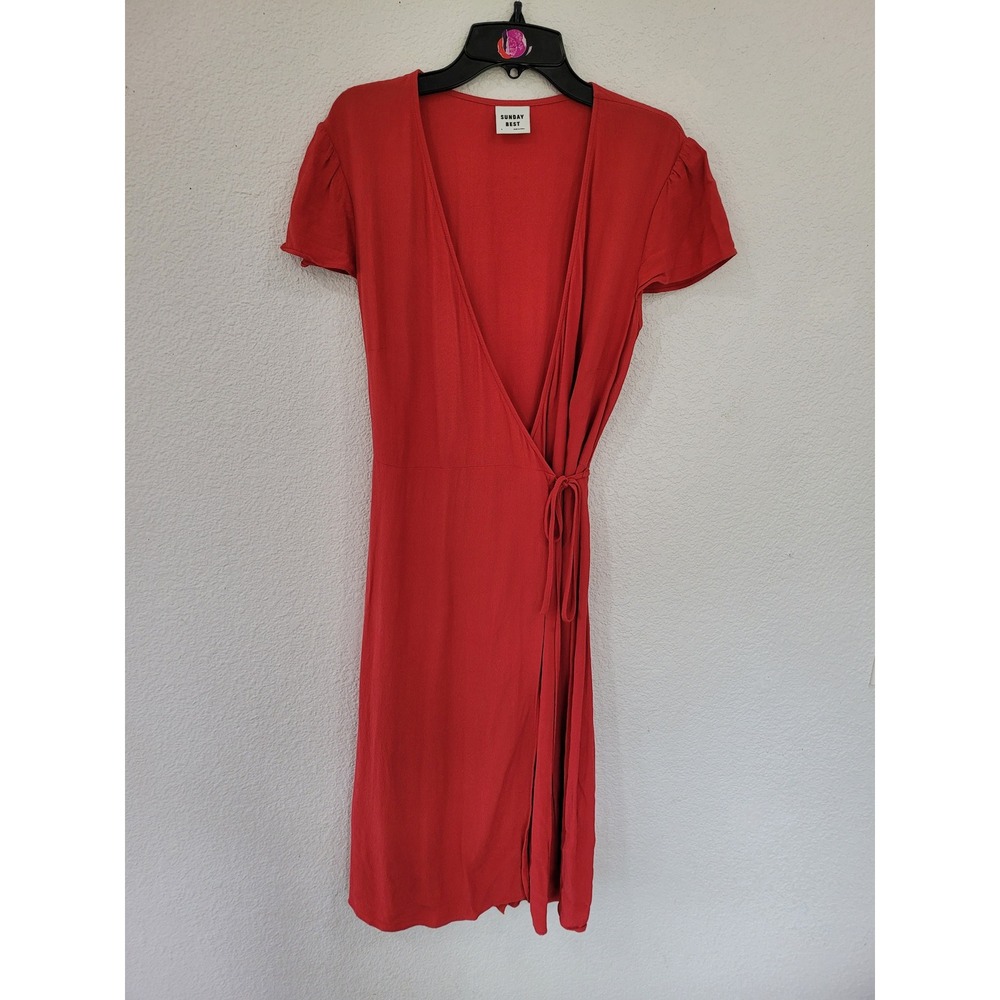 Sunday Best Aritzia Red Wrap Dress Short Sleeve Midi V-Neck Viscose Size S #8